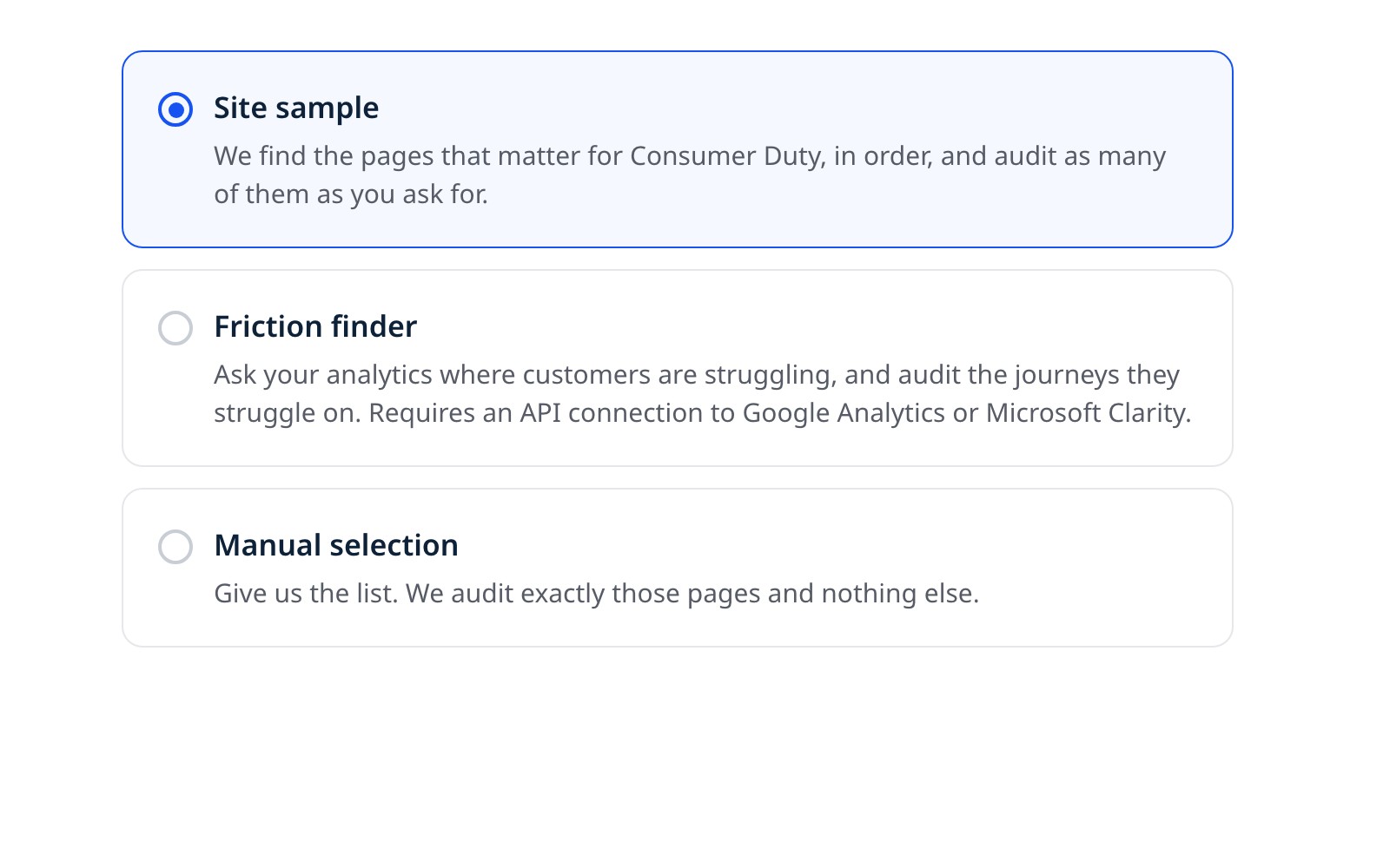 UXDuty audit set-up, Audit type step: site sample, friction finder or manual selection.