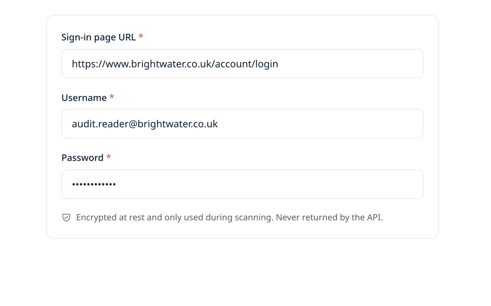 UXDuty audit set-up, Authentication step: sign-in page, username and password fields for pages behind a login.