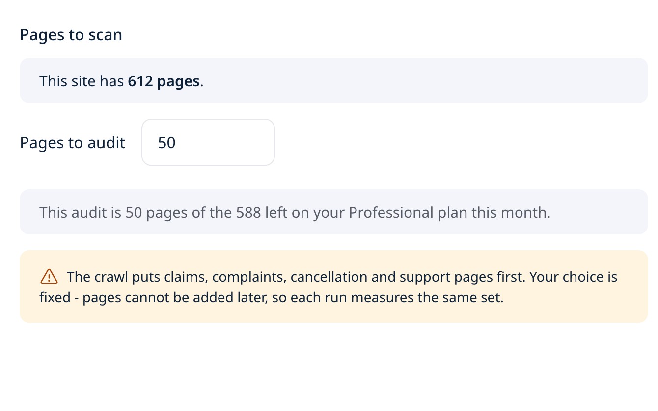 UXDuty audit set-up, Launch step for a site sample: the number of pages on the site, and a field to type how many pages to audit.