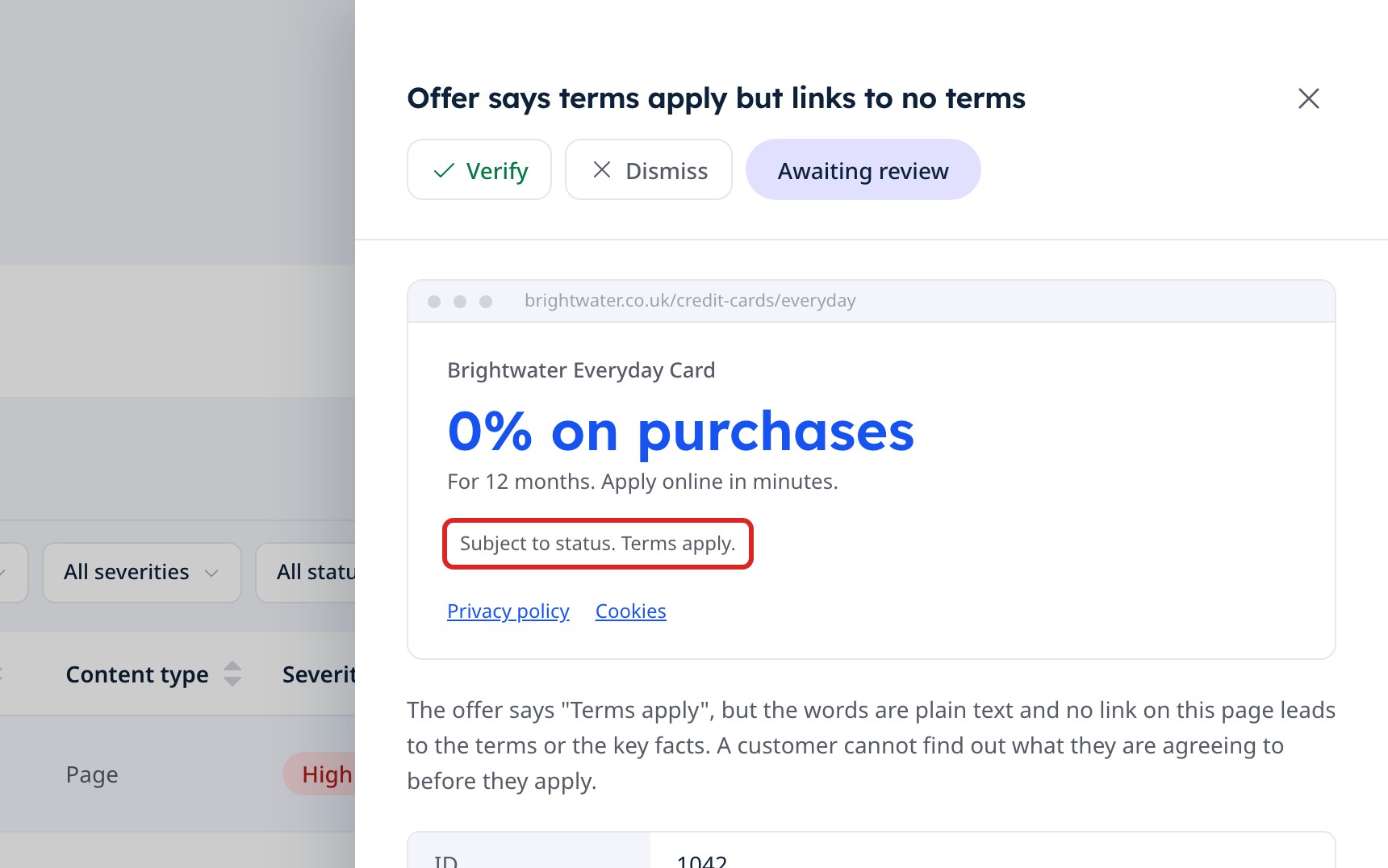 UXDuty finding panel: the Verify and Dismiss buttons and the highlighted evidence on the page.