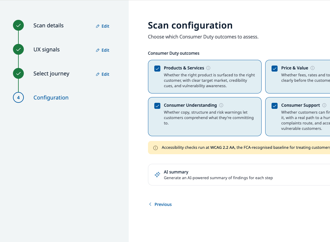UXDuty - scan configuration: four Consumer Duty outcome cards (Products & Services, Price & Value, Consumer Understanding, Consumer Support) each listing its checks, with a banner explaining WCAG 2.2 AA as the accessibility baseline and an AI summary toggle.